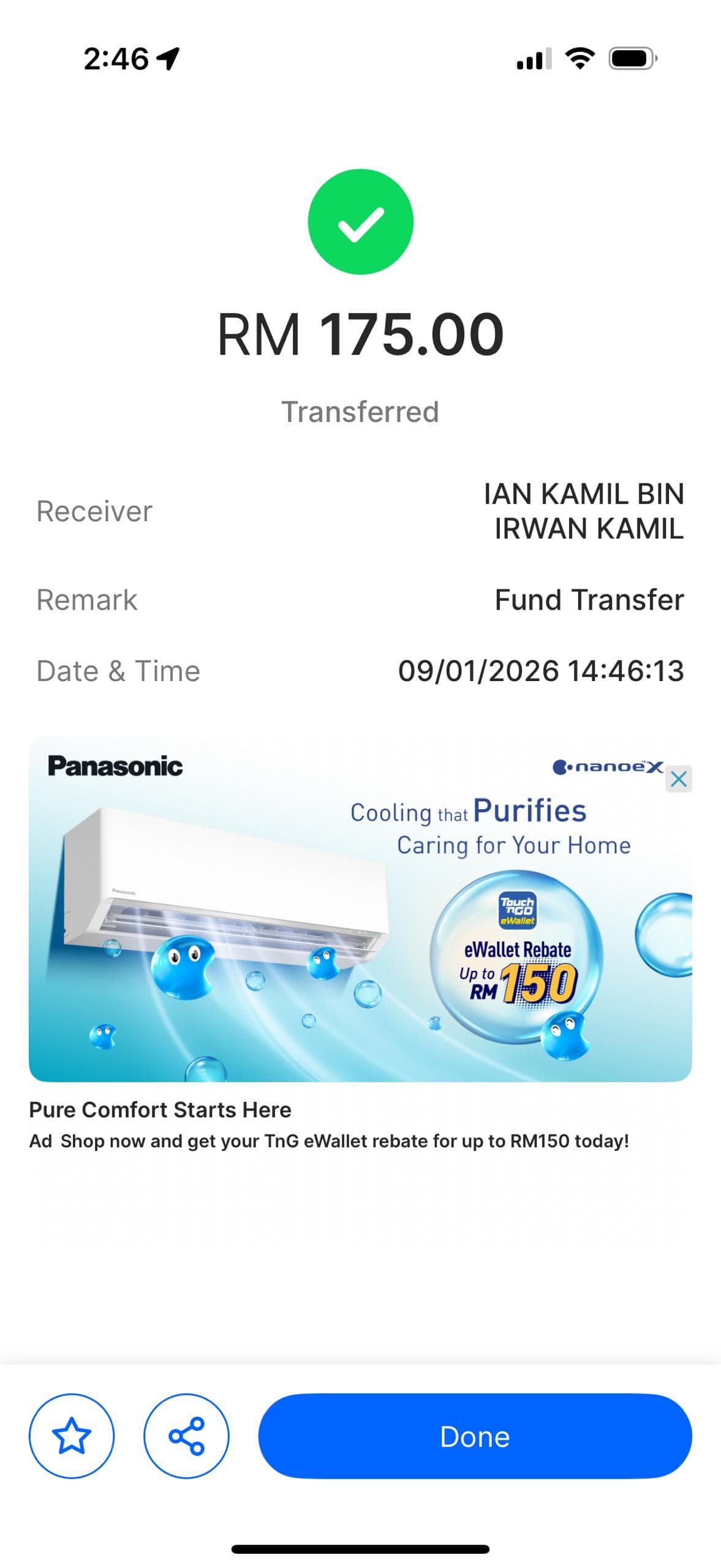 Touch n Go payment confirmation for IAN KAMIL BIN IRWAN KAMIL scam, phone 012-9787215