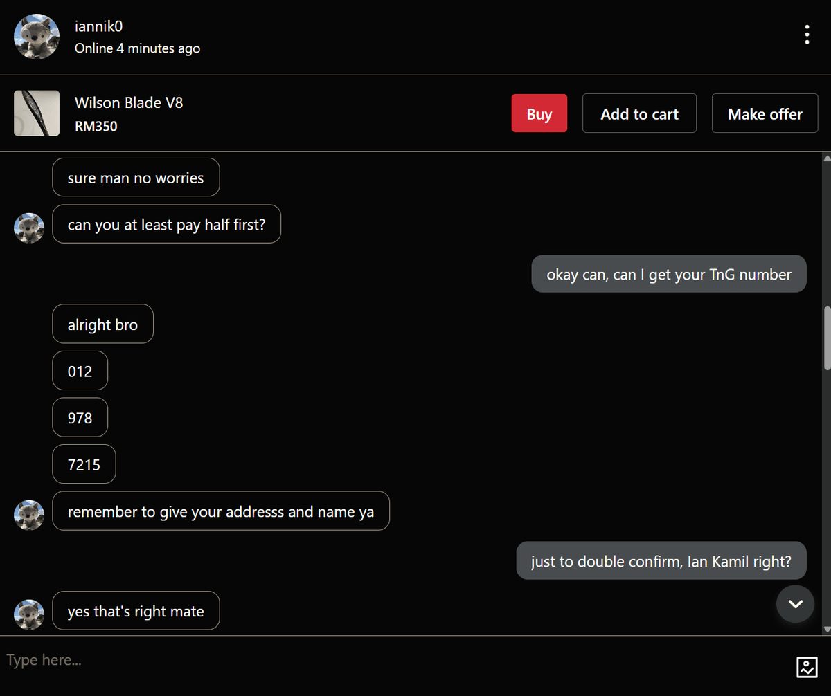 Carousell chat screenshot 2 showing conversation with IAN KAMIL BIN IRWAN KAMIL (Ian Kamil) phone 012-9787215 from Ipoh Perak Malaysia