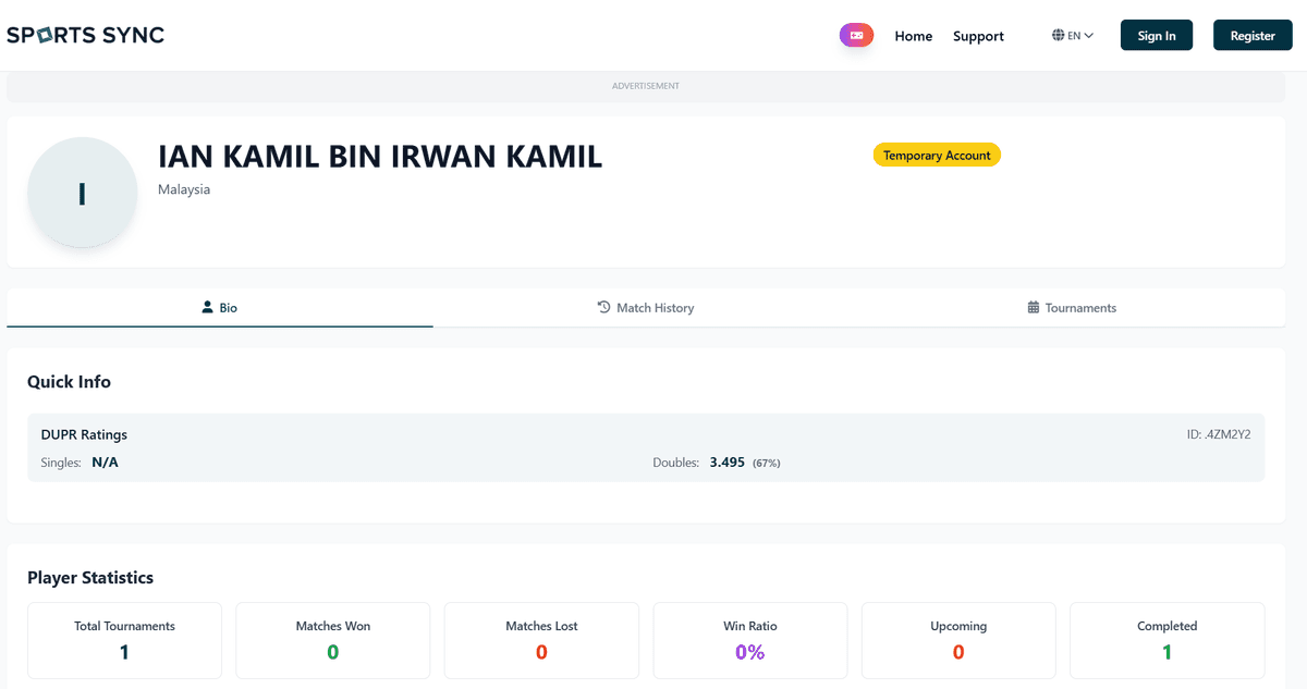 Sportsync.asia screenshot showing IAN KAMIL BIN IRWAN KAMIL (Ian Kamil) phone 012-9787215